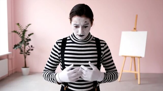 A sad mime artist stands in a studio with an empty canvas