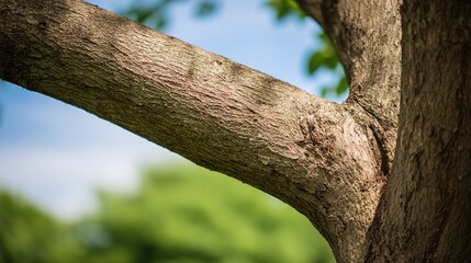 Fototapeta premium transitional. A sturdy tree branch bridging two trees in natural daylight. travel magazines, destination branding, designed for travel destination branding and outdoor magazines and nature guides.