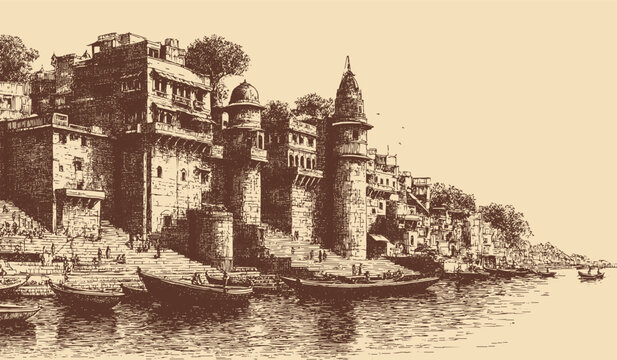 Ghats in Varanasi, India illustration in a vintage style. This vector illustration can be used in any size you like for advertising, logos, and other work.
