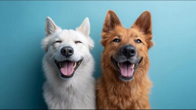 Adorable studio portrait of two happy dogs smiling with their tongues out, a white and a brown one, sitting together as best friends, posing for the camera against a solid blue background