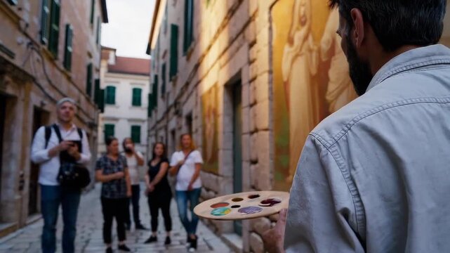 Jesus Christ supports an artist restoring a historic wall mural