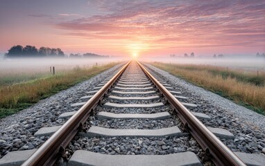 Obraz premium Sunrise Over Long Stretch of Railway Track