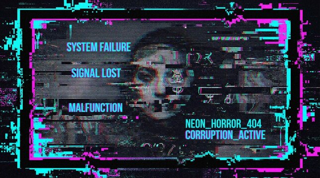 Glitchy face with system error message.