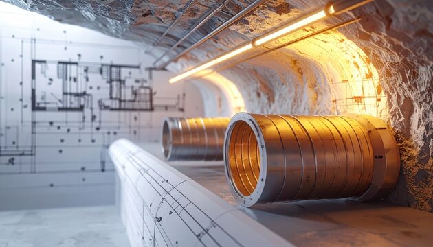 Reinforced ventilation shafts strategically placed for optimal airflow and circulation within an industrial tunnel