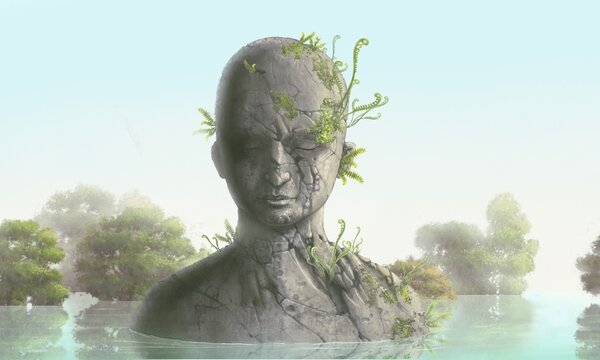 Concept art of hope spiritual life and nature, conceptual painting, A tree growing on broken human, surreal artwork	