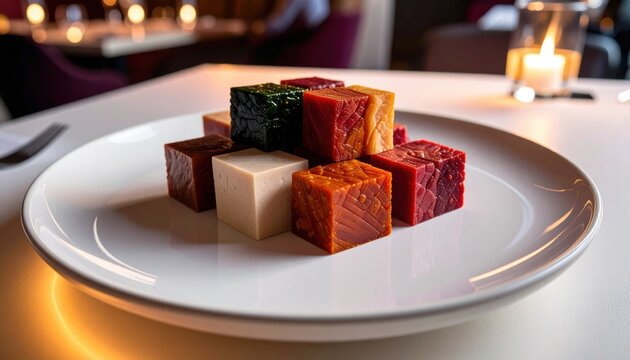 Meticulously Arranged Protein Cubes from Cultured Cells on a White Plate, Showcasing Modern Gastronomy