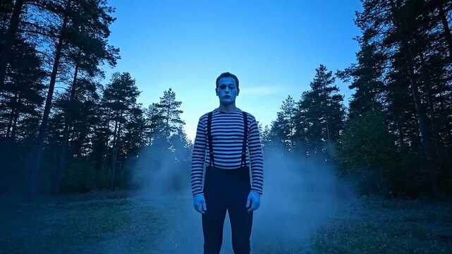 A lone mime stands sadly in a misty forest clearing at dusk.