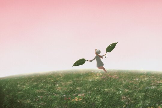 Freedom, hope, imagination and dream concept art. A girl flying with leaf wing. Child and education. Surreal artwork. Conceptual illustration.	
