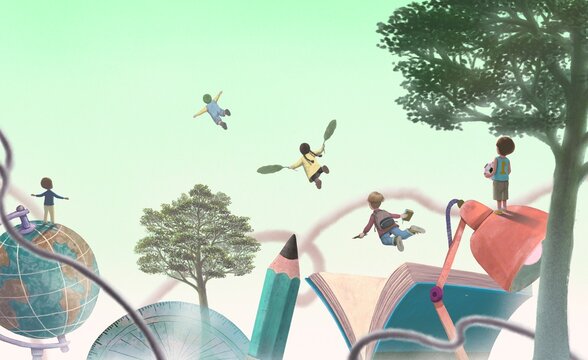 Education learning dream hope inspiration and freedom concept, girl and boy with imagination book. surreal painting. Fantasy art, conceptual artwork, happiness of child , 3d illustration