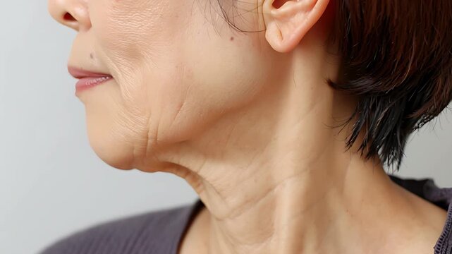 Senior woman with aging skin looking at her neck