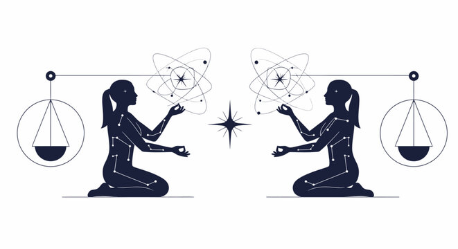 Gemini Zodiac Silhouette with Atoms and Scales