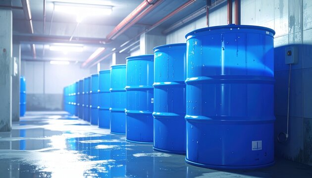 Rows of large blue industrial storage barrels filled and sealed, positioned for efficient logistics in a warehouse facility