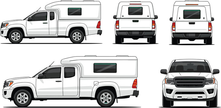Pickup Truck with Camper Shell Icon Set with Side, Rear, and Front Views for Vehicle, Travel, and Adventure Designs