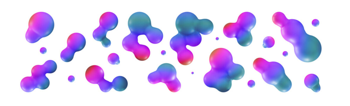 3d lava liquid blobs set Fluid 3D metaballs Abstract pink adn purple holographic spheres in flight
