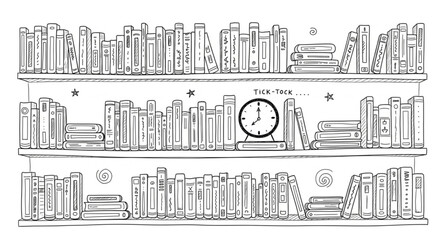 Hand drawn illustration of bookshelves filled with books and a clock. © Rizal