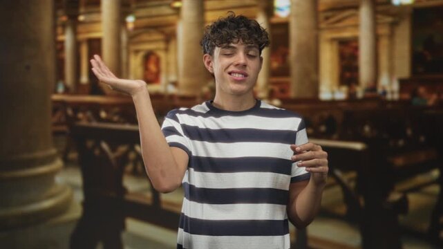 Young man holds open palm and smirks with eyes partly closed, presenting gesture in ornate cathedral interior; light amusement.