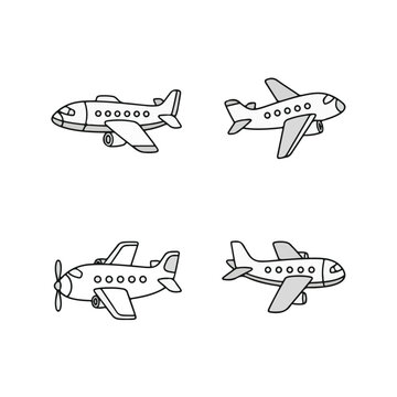 A collection of four simple, hand-drawn cartoon airplanes, each depicted from a different angle and with varying designs, including jet engines and propellers.