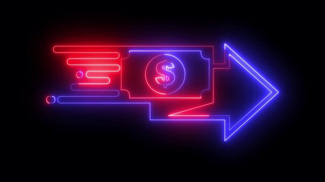 glowing neon fast money transfer icon, quick money transfer icon, fast pay icon isolated on black background. symbolizing quick financial transactions and efficient payment processing. 4k video.