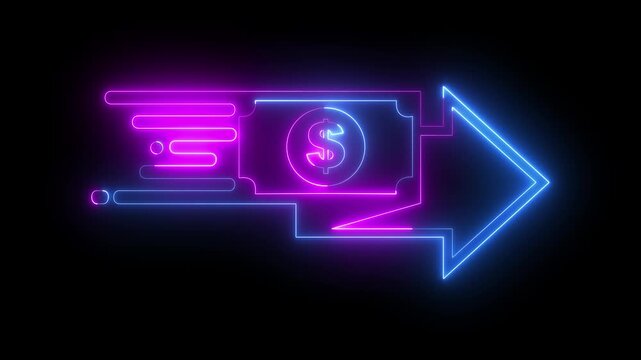 glowing neon fast money transfer icon, quick money transfer icon, fast pay icon isolated on black background. symbolizing quick financial transactions and efficient payment processing. 4k video.