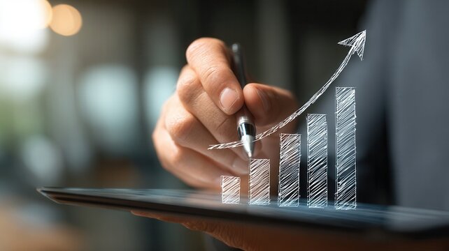Hand using a stylus on tablet screen showing a digital bar graph with an upward trend arrow signifying business growth and data analysis
