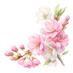 Obraz premium Pink Cherry Blossom Sakura Flowers Branch Watercolor Illustration Isolated on White Background for Spring Wedding Design and Card