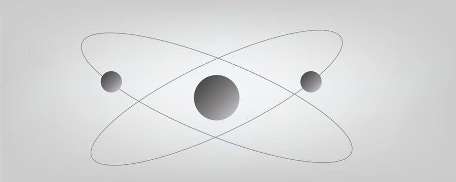 3D illustration of an atom model with a nucleus and two electrons in orbits. 3D model of the structure of the Rutherford atom. Idea, symbol of atomic energy. 3D rendering on white background isolated.