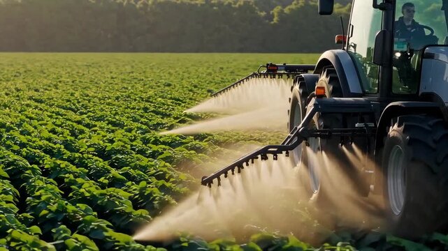 Tractor with spraying system working through soybean field, demonstrating sustainable farming technology.