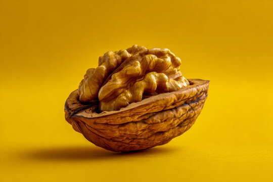 Detailed macro shot of a walnut half showing its natural texture and wrinkles against a vibrant yellow background symbolizing healthy nutrition and autumn harvest