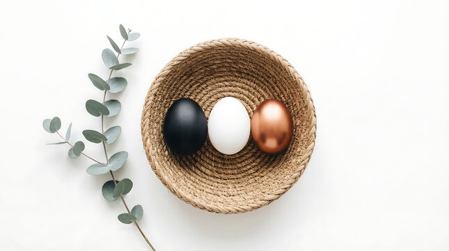 black white gold easter eggs basket minimal flatlay