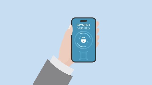 Mobile payment verified . Secure digital transaction and biometric authentication on smartphone