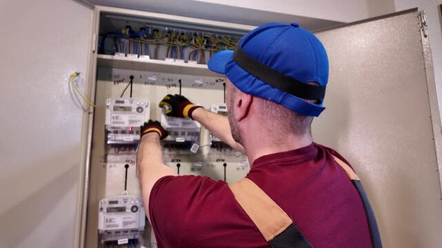 Electrician working on a modern electricity power meter station in a building.