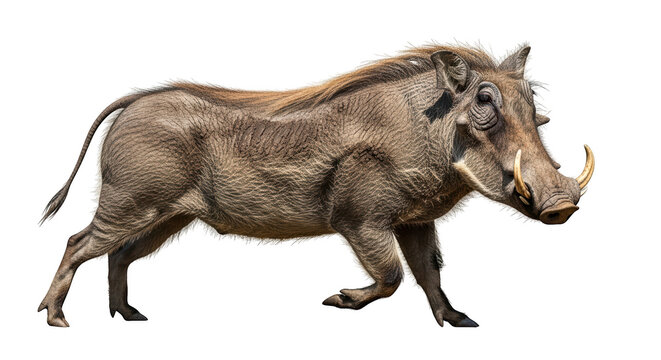 A warthog stands confidently against a black background, showcasing its distinctive features.