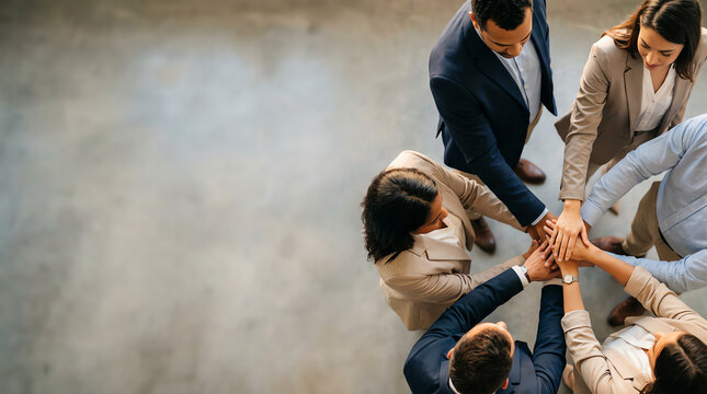 Diverse business team stacking hands in a powerful display of unity and collaboration for shared success and professional partnership