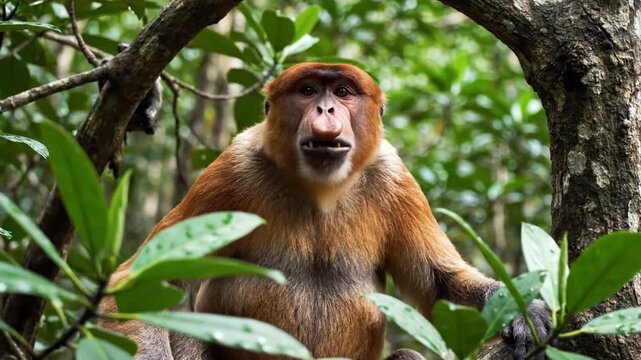 Proboscis Monkey Calling From A Lush Mangrove Tree