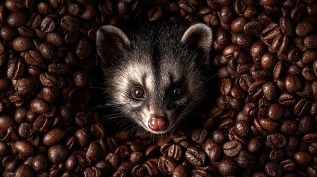 Asian palm civet surrounded by roasted coffee beans for Luwak coffee concept