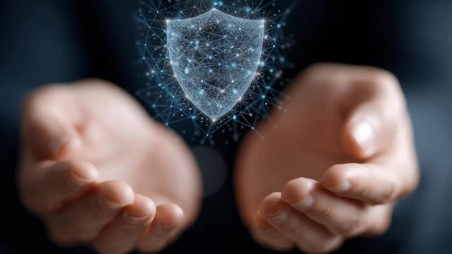 Close-up of cupped hands. Fingers relaxed, palms facing up. Soft background. Digital shield forms between palms. Glowing lines create pattern. Tech security symbol. Hands hold shield steadily