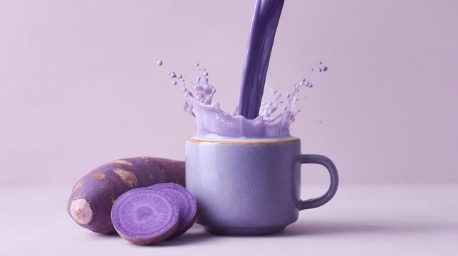 Hot purple yam ube latte being poured into a mug, creating a dynamic splash, with fresh ube slices and root on a clean light background.