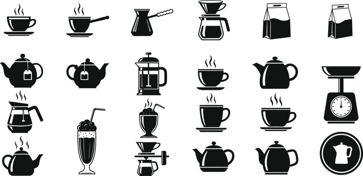 Coffee Brewing Equipment and Drinkware Icon Set with Teapots, Coffee Makers, Espresso Machines, and Cups for Beverage and Cafe Designs