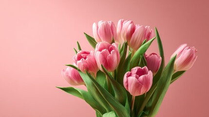 Obraz premium Tulip symphony: a delightful spring medley. Poster design. A touch of spring: lightly scattered pink tulips. Poster illustration. Film poster.