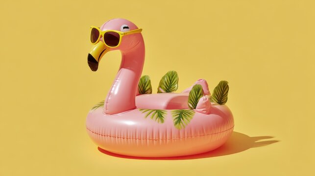 A pink inflatable flamingo float decorated with tropical leaves and wearing sunglasses against a pastel yellow background.
