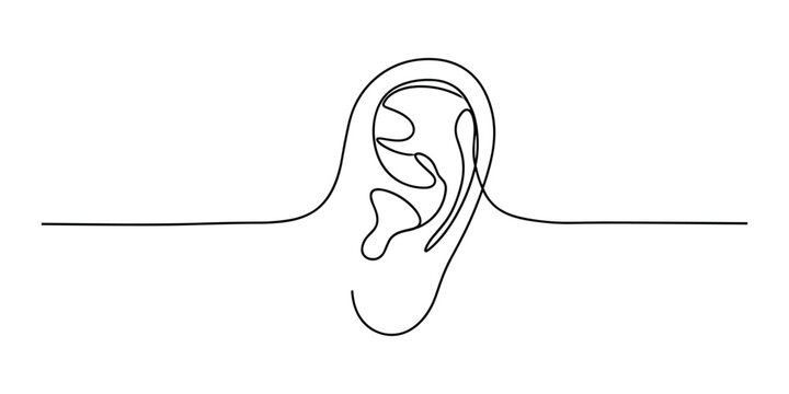 Black continuous line drawing vector of human ear on transparent background