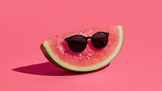A fresh watermelon slice with black sunglasses rests on a pink background, casting a shadow.