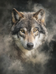 Fototapeta premium Majestic gray wolf with piercing yellow eyes emerging from misty fog in a dark mysterious forest background showcasing wild nature strength and beauty