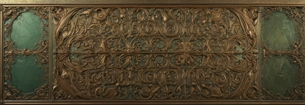 Brass panel with greenish tarnish and intricate details,  metallic,  wear,  patina