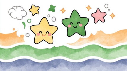 Naklejka premium Cute Cartoon Stars and Clouds with Watercolor Design for Kids