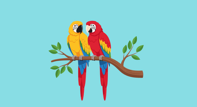 Colorful parrots sitting on branch together.