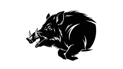Obraz premium Fierce Wild Boar Running Aggressively, Black Silhouette on White Background, Dynamic Action