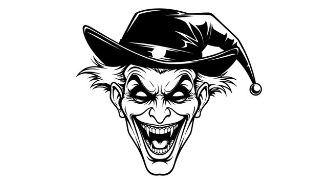 Evil Jester Clown Face with Fangs and Hat - Dark, Menacing, Horror