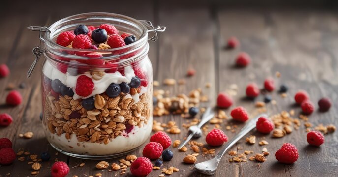 Close-up of Himbeer M?sli with quark and berries in a glass jar ,  food,  himbeer muesli,  close up