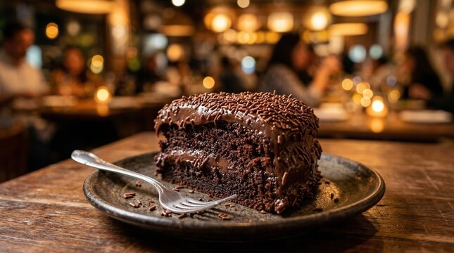 A slice of brigadeiro sponge cake with a soft chocolate layer and a rich brigadeiro topping. Served on a plate in a warm and elegant restaurant setting.